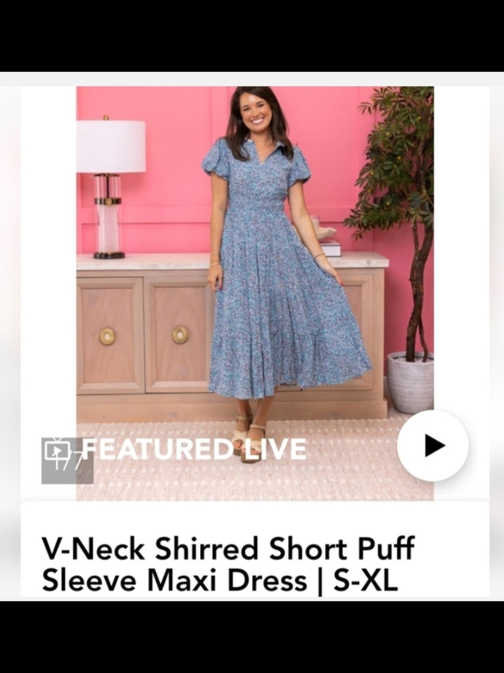 V-Neck Shirred Puff Sleeve Midi Dress in Blue